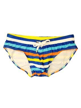UXH Men’s Medium Waist 26" Swim Briefs Striped Blue Yellow Orange